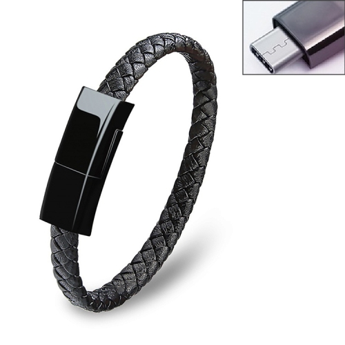 

Bsolli 2553 USB-C / Type-C Port PU Leather Braided Single Wire Data Cable Bracelet, Suitable for Hand Circumference: 15.6-16cm, Length: 20cm