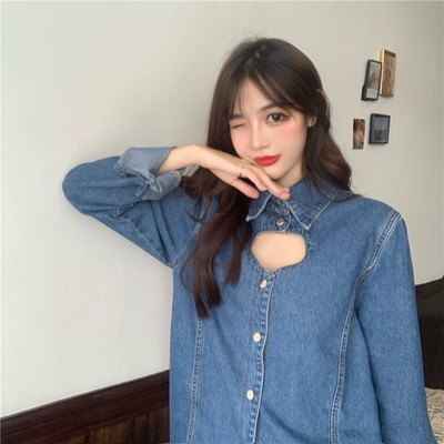 

Spring And Autumn Retro Hollow Loose Denim Shirt, Size: L(Blue)