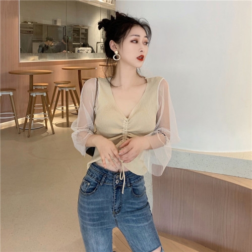 

Sexy Mesh Stitching Knitted Drawstring Top, Size: Free Size(Apricot)
