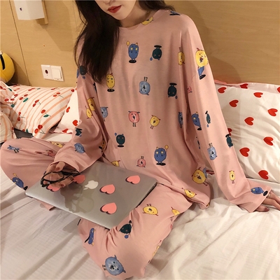 

Loose Cute Cartoon Girl Printing Long Sleeve Pajamas Two-Piece Set, Size: One Size(Pink)