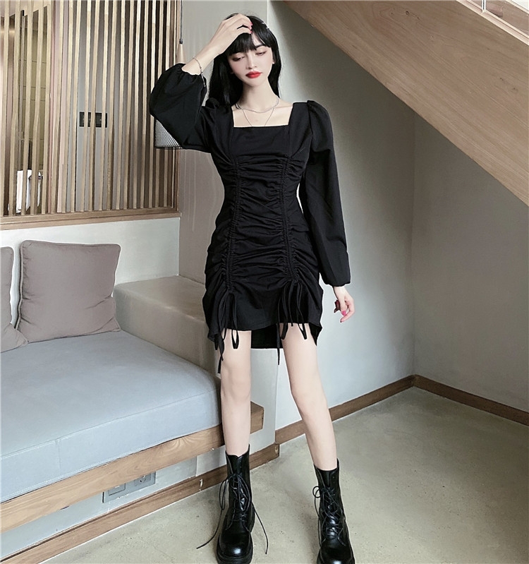 

Drawstring Pleated Skirt Puff Sleeve Square Collar Dress, Size: M(Black)