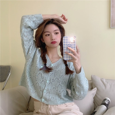 

Autumn Loose Lazy Hollow Pullover Cardigan Long-Sleeved Short Top Knit Sweater, Size: Free Size(Green)