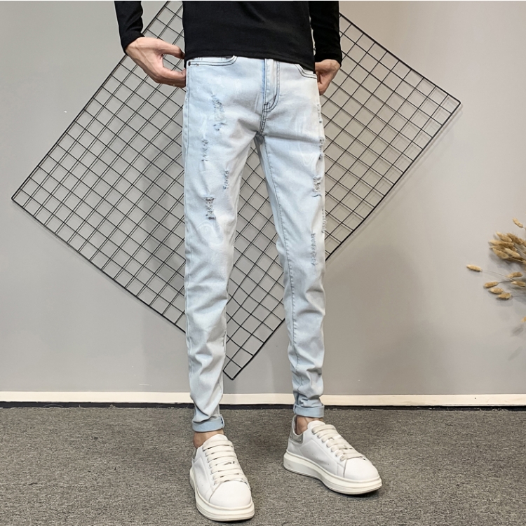 

Jeans Stretch Slim Fit Trousers Holes Tight Ripped Leggings Pants, Size: 34(Light Blue)