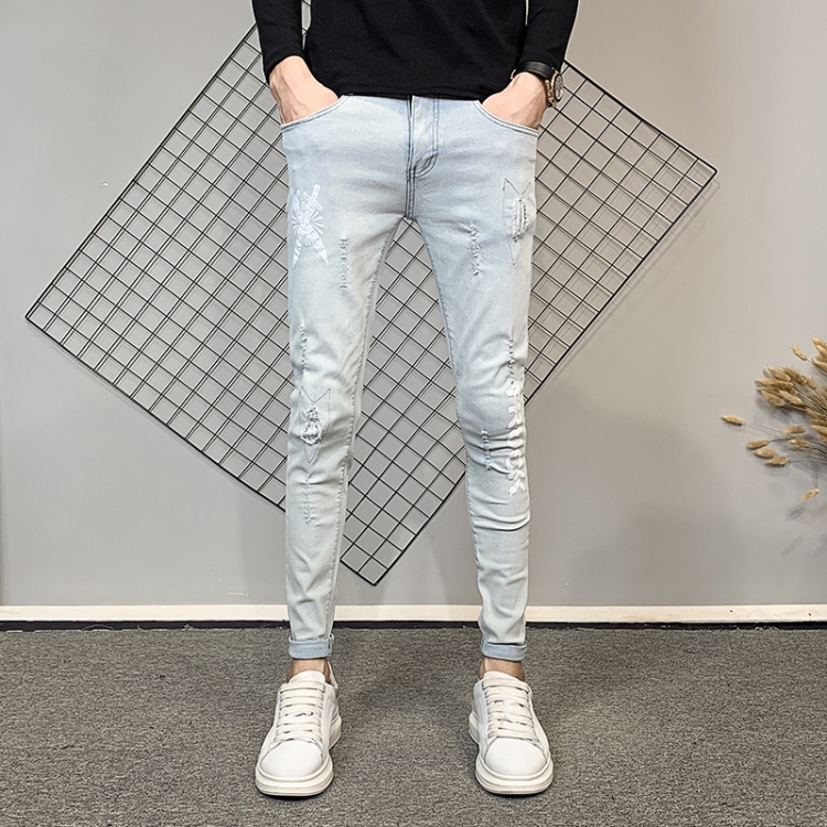 

Jeans Stretch Slim Fit Trousers Holes Tight Casual Pants, Size: 34(Light Blue)