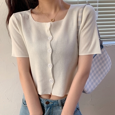 

Summer Short-Sleeved T-Shirt Women Low Round Neck Ice Silk Knit Thin Cardigan, Size: Free Size(White)