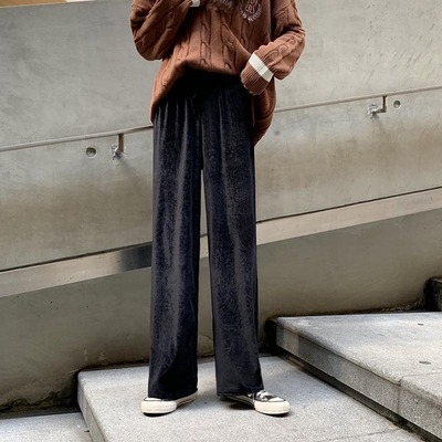 

Women Autumn High Waist Drape Gold Velvet Straight Leg Pants Wide Leg Pants, Size: Free Size(Black)