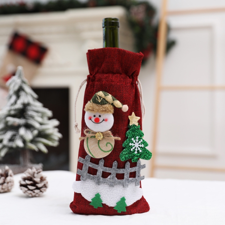 

3 PCS Linen Christmas Table Decorations Red Wine Bottle Cover(Red Snowman)