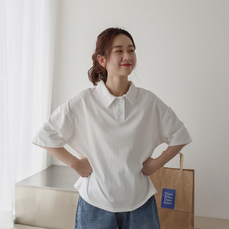 

Summer Sweet Style Solid Color Loose Cotton T-Shirt Women POLO Shirt Short-Sleeved Top All-Match Art, Size: XXL(Milky)