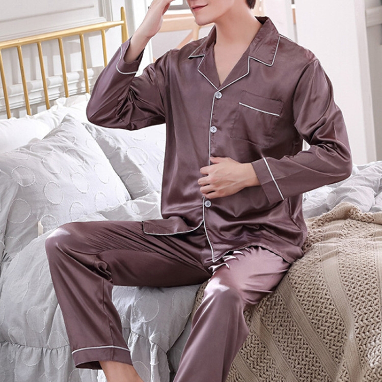 

Simulation Silk Long Sleeve Long Pant Man Pajamas Set, Size:XL(Brown)