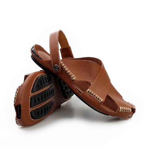 

Men Summer Shoes Outdoor Casual Sandals Leather Cowhide Slippers Beach Shoes, Size:41(Light Brown)