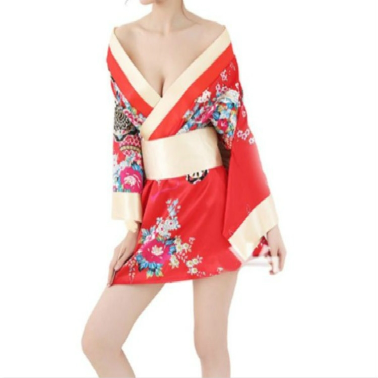 

Kimono Sleepwear Sexy Deep V-neck Satin Floral Printed Nightwear Short Bath Robe(Red)