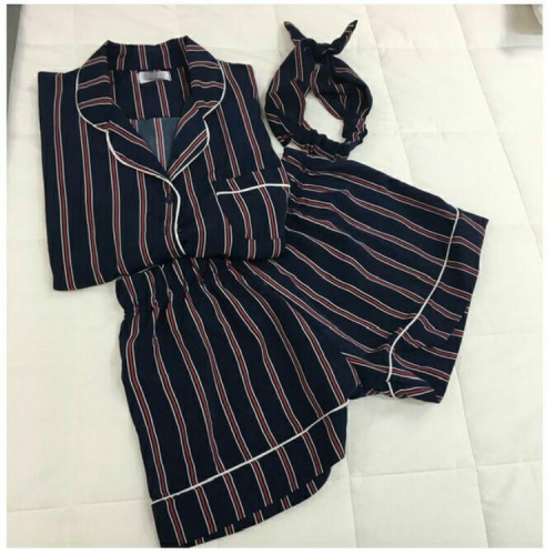 

Women Pajamas Turn-down Collar 2 Two Piece Set Shirt+Shorts Striped Casual Pajama Sets, Size:S(Blue)