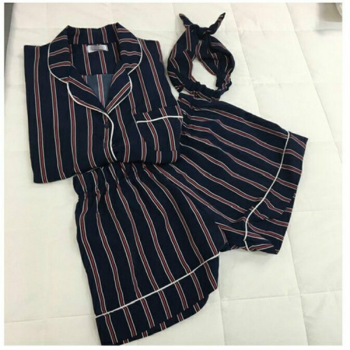 

Women Pajamas Turn-down Collar 2 Two Piece Set Shirt+Shorts Striped Casual Pajama Sets, Size:M(Blue)