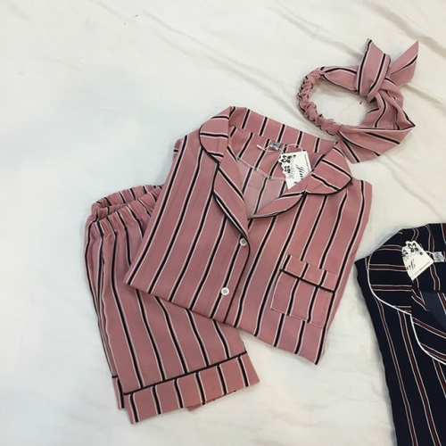 

Women Pajamas Turn-down Collar 2 Two Piece Set Shirt+Shorts Striped Casual Pajama Sets, Size:L(Pink)