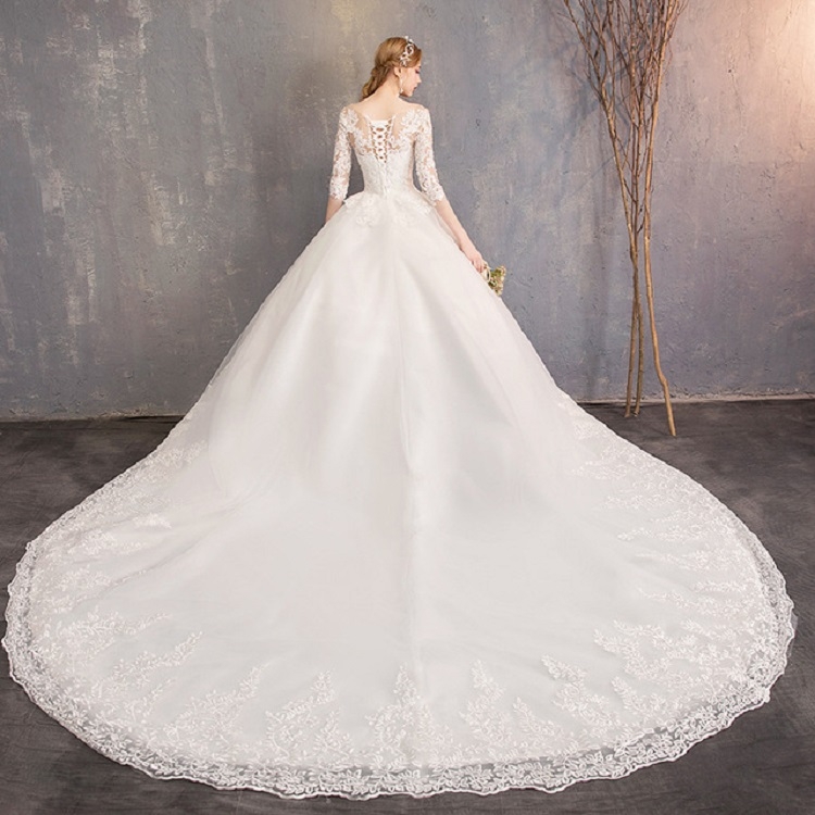 

Off Shoulder Half Sleeved Lace Trailing Slimming Wedding Dress, Size:S(Full-length)