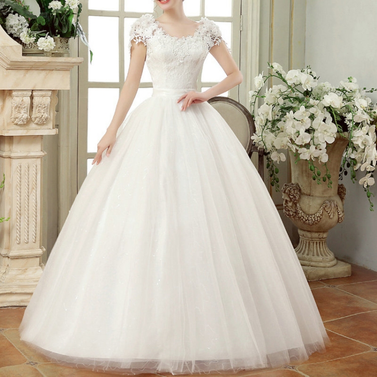 

Vintage Lace Short Sleeved Round Neck Slim Slim Wedding Dress, Size:M(White)