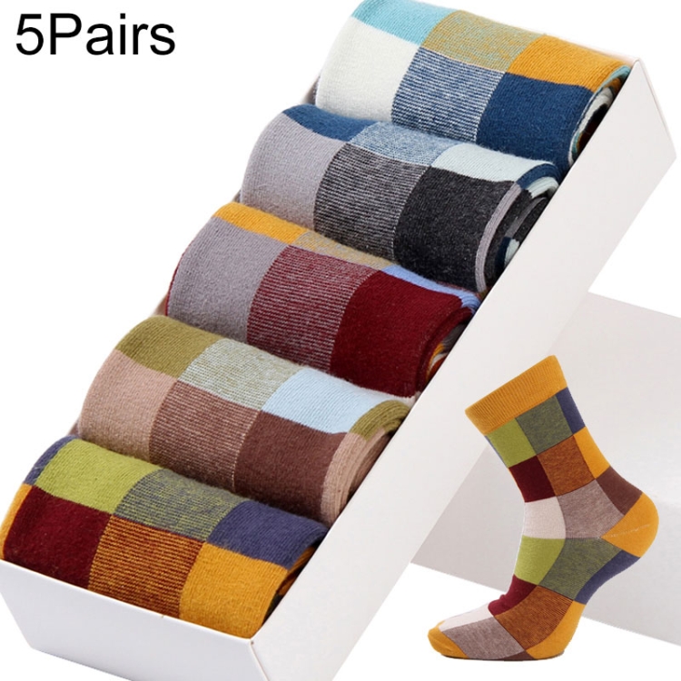 

5 Pairs Men Striped Socks Retro Style Personality Lattice Stitching Cotton Comfortable Tube Cotton Men Socks(square)