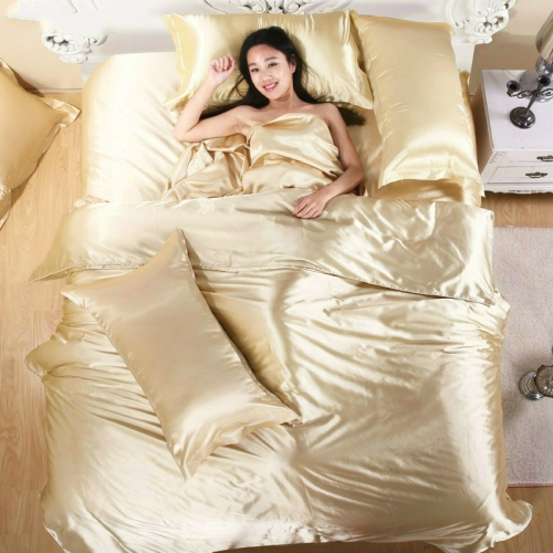 

Pure Satin Silk Bedding Set Home Textile Bed Set Bedclothes Duvet Cover Sheet Pillowcases, Size:2.2m bed four-piece set(Camel)