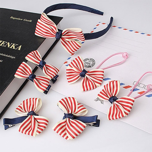 

7 PCS/Set Children Accessories Hairband Baby Girls Lovely Bow Headwear Hair Clip(Striped red + navy)