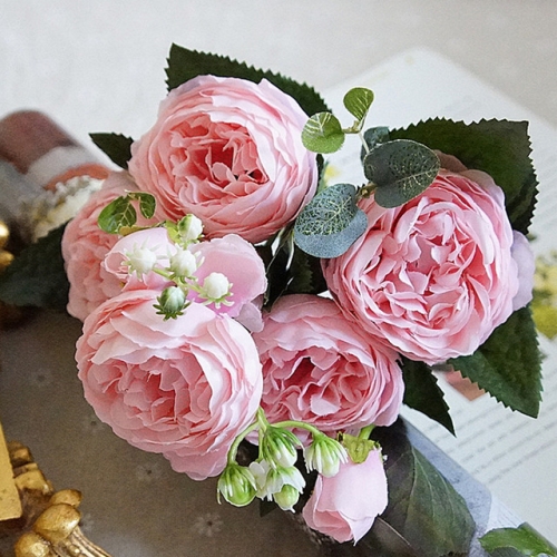 

5 PCS Artificial Rose Flowers Small Bouquet Flores Home Party Wedding Fake Flower Decoration(Pink)