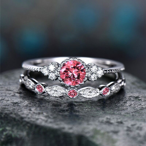 

2 PCS/Set Women Fashion Zircon Gemstone Ring 9(Pink)