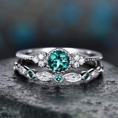

2 PCS/Set Women Fashion Zircon Gemstone Ring 10(Green)