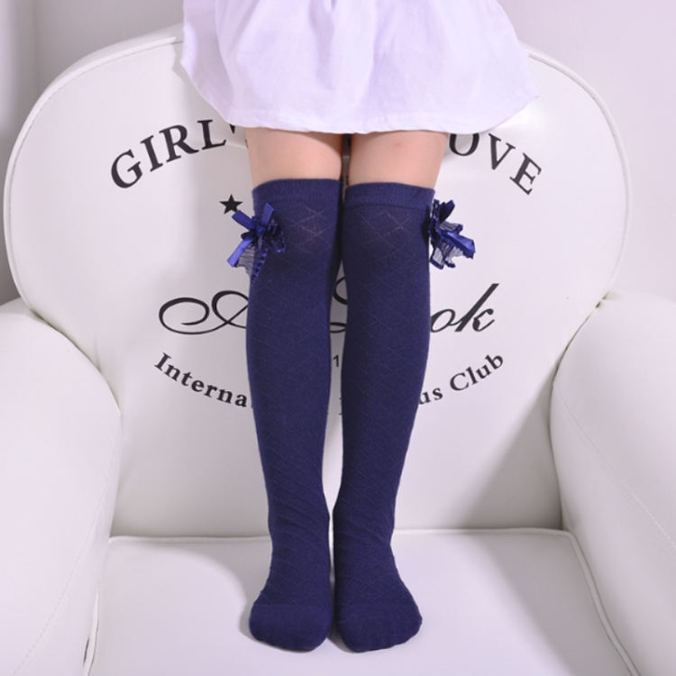 

3 Pairs Children's Tube Socks Mesh Bow Princess Socks Square Grid Over Knee Socks, Size:43cm(Navy)