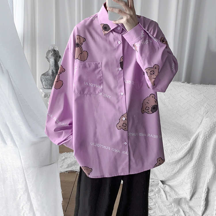 

Loose Print Lapel Long Sleeve Shirt, Size: XXL(Purple)