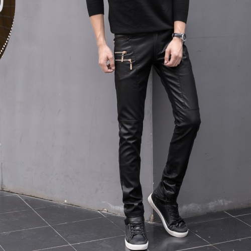 

Men Autumn And Winter Leather Pants Boots Pants Slim Leather Pants, Size: 29(Black)