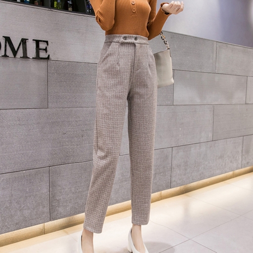 

High-waist Plaid Woolen Slim-fit Trousers Slimming Casual Pants, Size: L(Khaki)