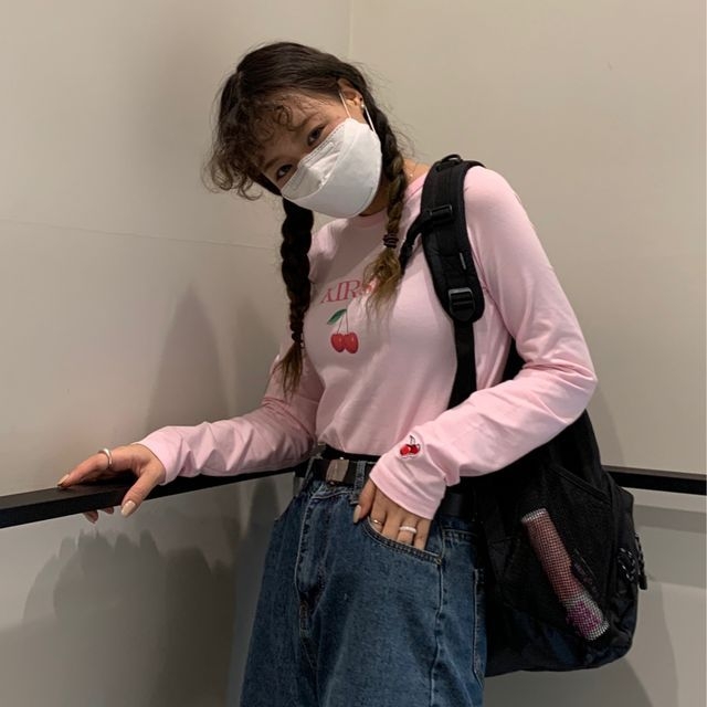 

Cherry Pattern Long Sleeve T-shirt, Size: Free Size(Pink)
