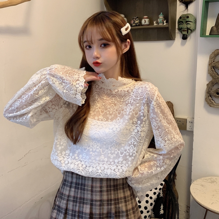 

Retro Half High Neck Lace Bottom Shirt Hollow Lace Long-Sleeve Blouse, Size: One Size(White)