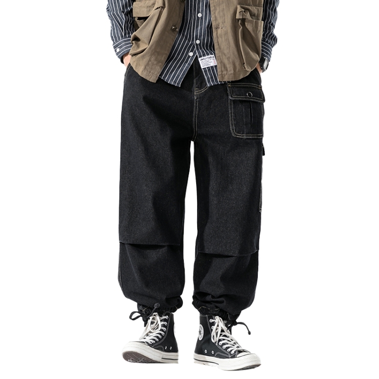 

Autumn Large Size Workwear Multi-Pocket Big Pants Wide Leg Jeans, Size: XXXXXL(Black)