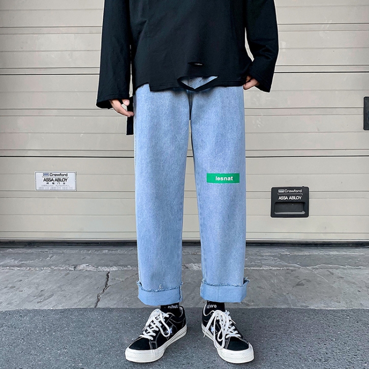 

Autumn Winter Loose Straight Leg Printing Jeans Solid Color Raw Edge Men Denim Pants, Size: M(Blue)