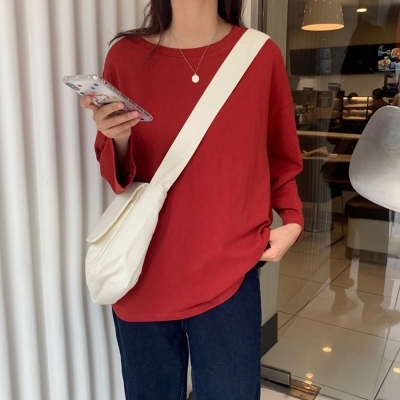 

Long-Sleeved T-Shirt Solid Color Inner Base Shirt Trendy Outer Wear Loose Top, Size: L(Red)