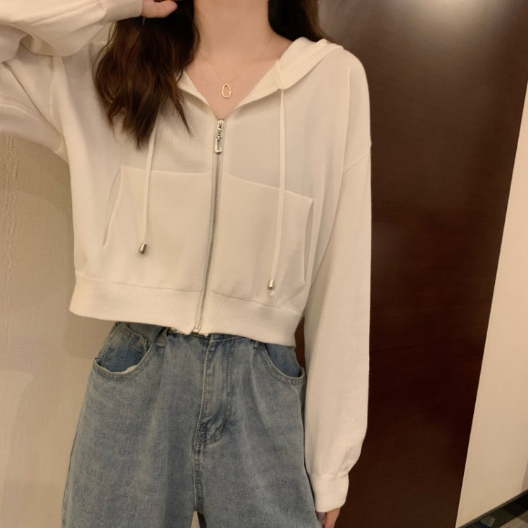 

Core-Spun Cardigan Sweater Coat Hooded Zipper Short Long-Sleeved Loose Knit Sweater, Size: Free Size(White)