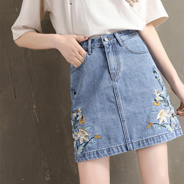 

Summer Embroidered Denim Skirt High Waist Thin A-Line Skirt One-Step Skirt, Size: S(Blue)