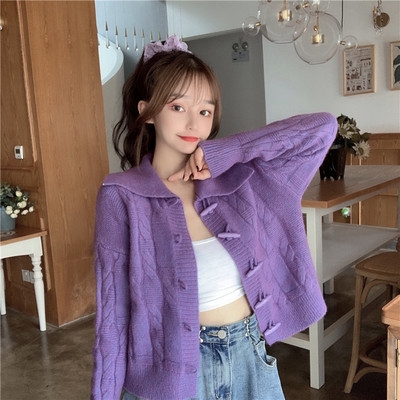 

Retro Twist Wool Camel Wool Horn Button Coat Loose Sweater Cardigan, Size: Free Size(Purple)