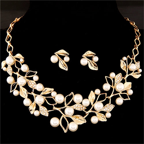 

Leaf Crystal Simulated Pearl Wedding Jewelry Necklaces Earrings Sets(Gold)