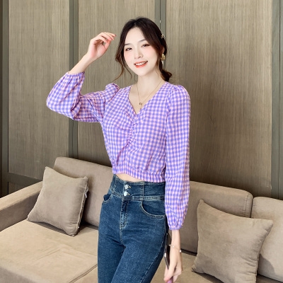 

Summer Girls Puff Sleeve Plaid V-Neck Short Shirt, Size: XXL(Pink Purple Grid)