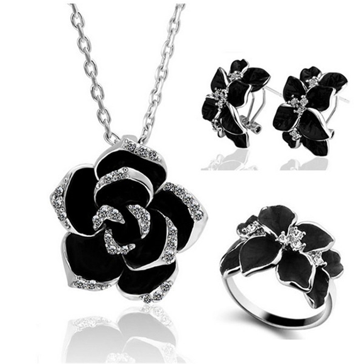 

3 PCS/Set Fashion Camellia Black Enamel Ring Earrings and Necklace Jewelry Set(Silver)