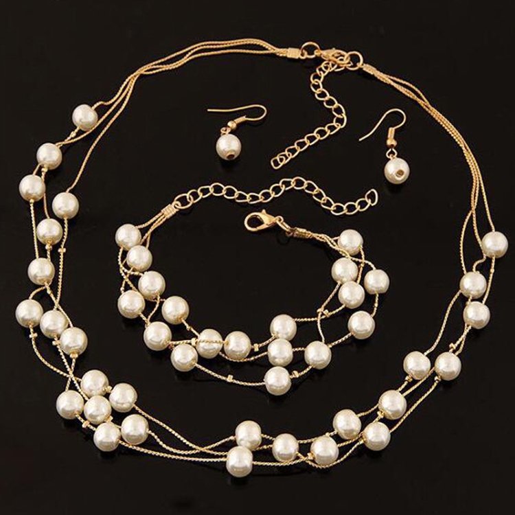 

Pearl Multi-Layer Temperament Necklace Earring Bracelet set, Metal color:Gold