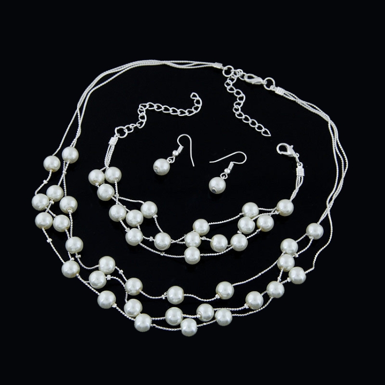 

Pearl Multi-Layer Temperament Necklace Earring Bracelet set, Metal color:Silver