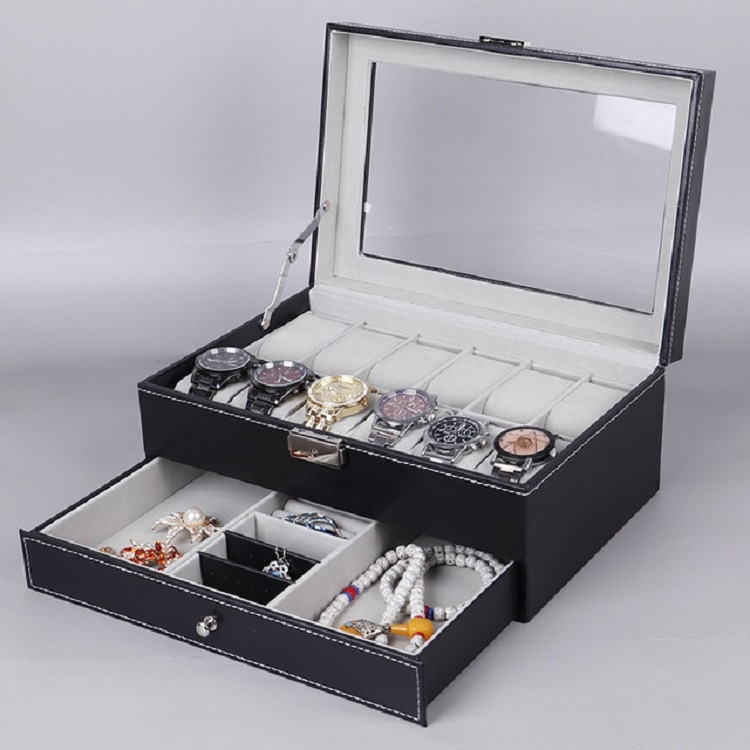 

PU Leather 12-bit Watch Box Double-layer Jewelry Box Storage Display Box(Black)