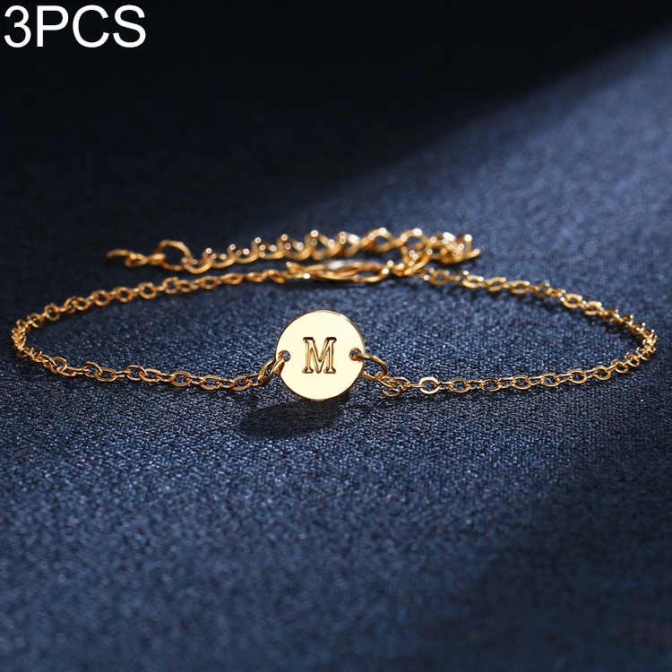 

3 PCS M Letter Gold Color Bracelet and Bangle for Woman Adjustable Simple Bracelets
