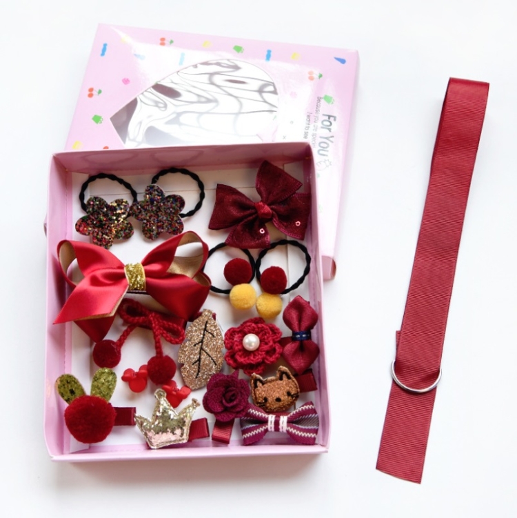 

Children Hair Ornament Hair Clip Set Fabrics Hair Rope Jewelry Clip Gift Box(Red)