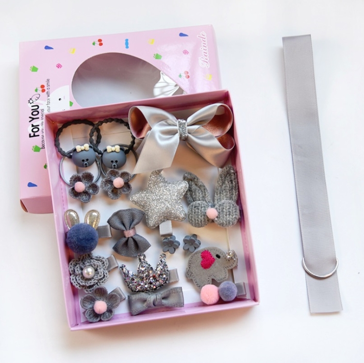 

Children Hair Ornament Hair Clip Set Fabrics Hair Rope Jewelry Clip Gift Box(Gray)