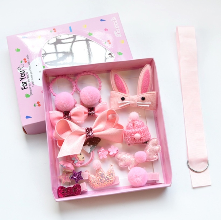 

Children Hair Ornament Hair Clip Set Fabrics Hair Rope Jewelry Clip Gift Box(Pink)