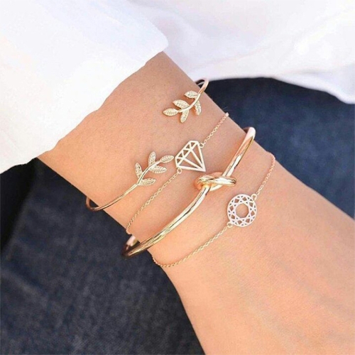 

4 Pcs/ Set Bohemian Leaves Knot Round Chain Opening Gold Bracelet Set