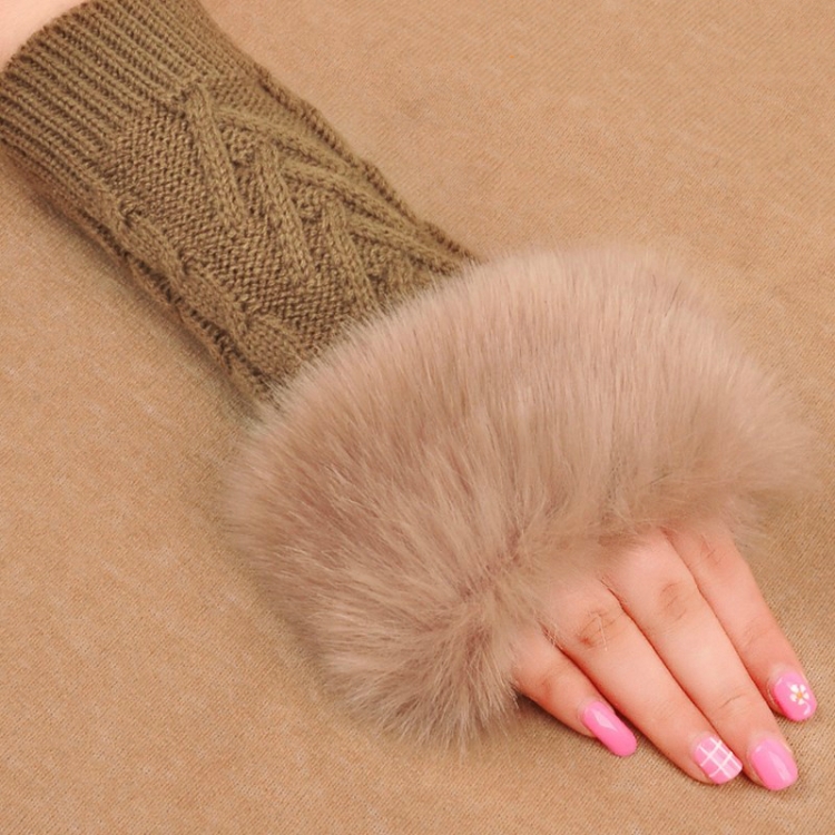 

Fashion Women Faux Rabbit Fur Hand Wrist Crochet Knitted Fingerless Gloves Knitting Mittens Winter Autumn Warmer(Camel V-type twist)